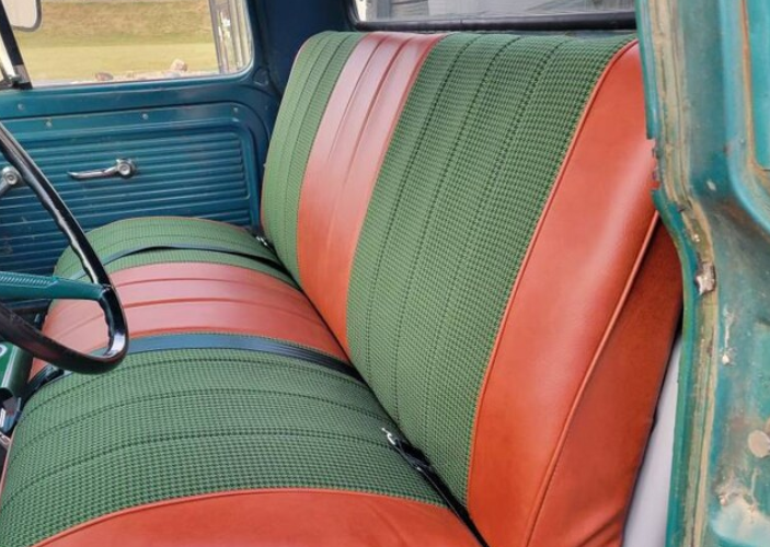 International Harvester Scout bench seat upholstery in green vinyl — custom-fit interior kit.