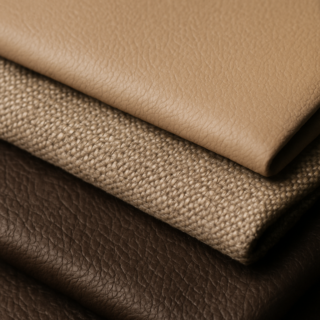 Assorted upholstery materials including vinyl, plaid, basketweave, and cloth swatches from the B62 Material Library.