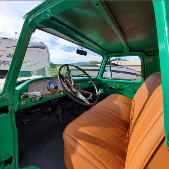 Ford F-Series bench seat replacement upholstery — green interior custom seat kit.
